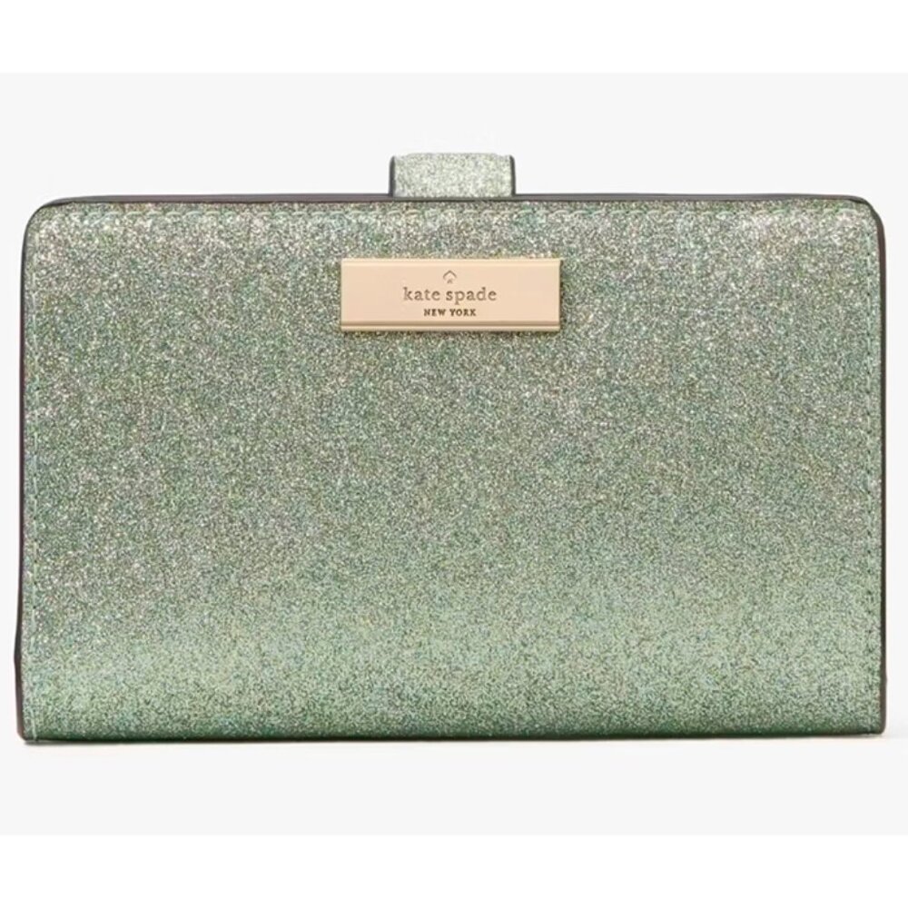 S NIB Kate Spade Kenzie Boxed Medium Compact Bifold Green Glitter Wallet KK321 - Picture 3 of 9